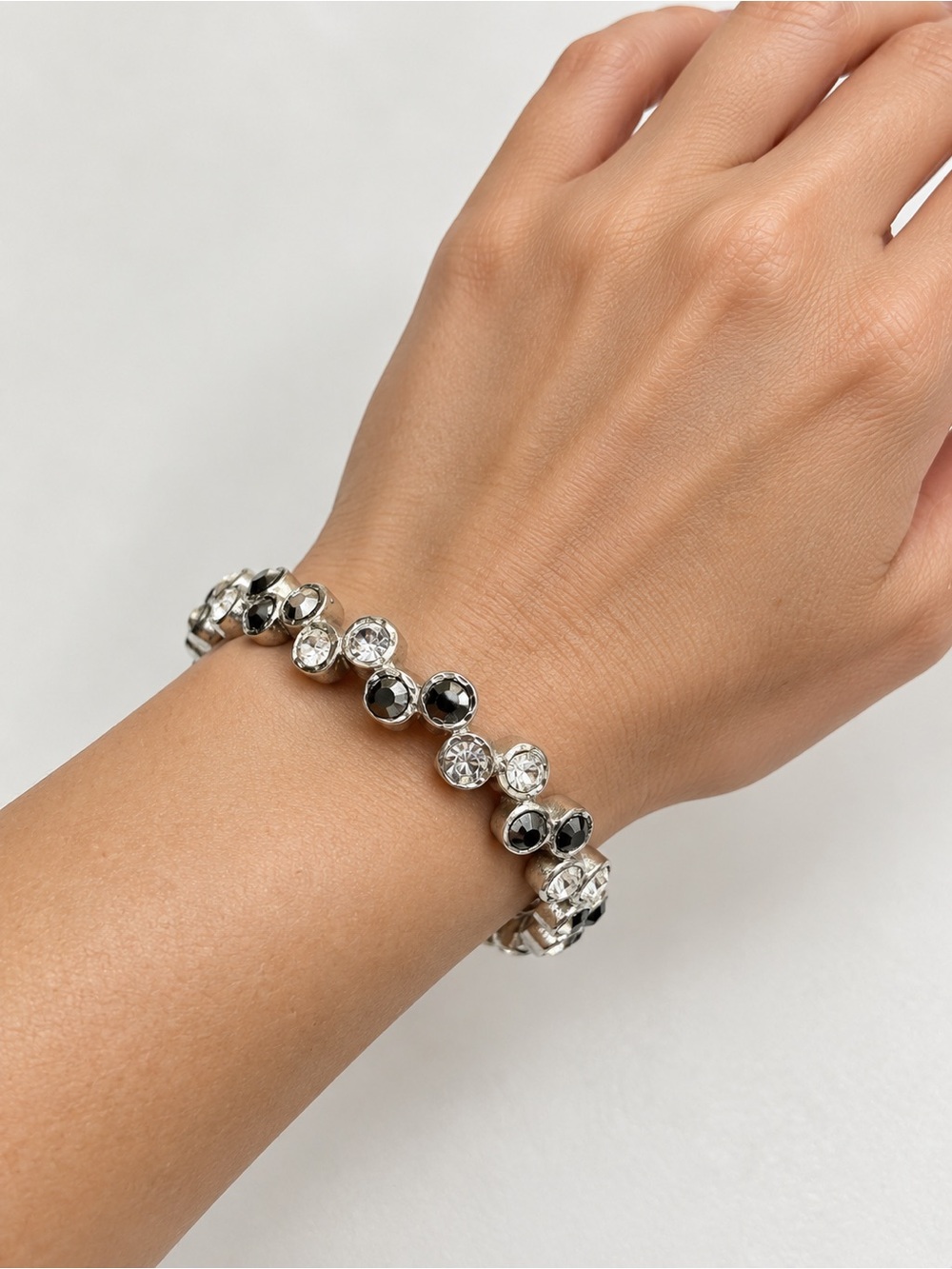 Black & Clear Crystal Silver-Tone Stretch Bracelet